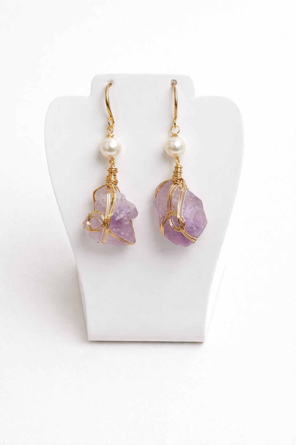 Amethyst & Pearl Wire-Wrapped Drop Earrings