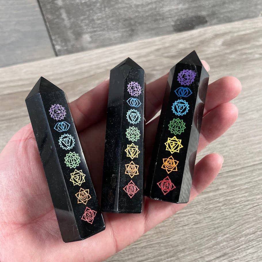 Black Obsidian Etched Obelisk – Assorted Styles