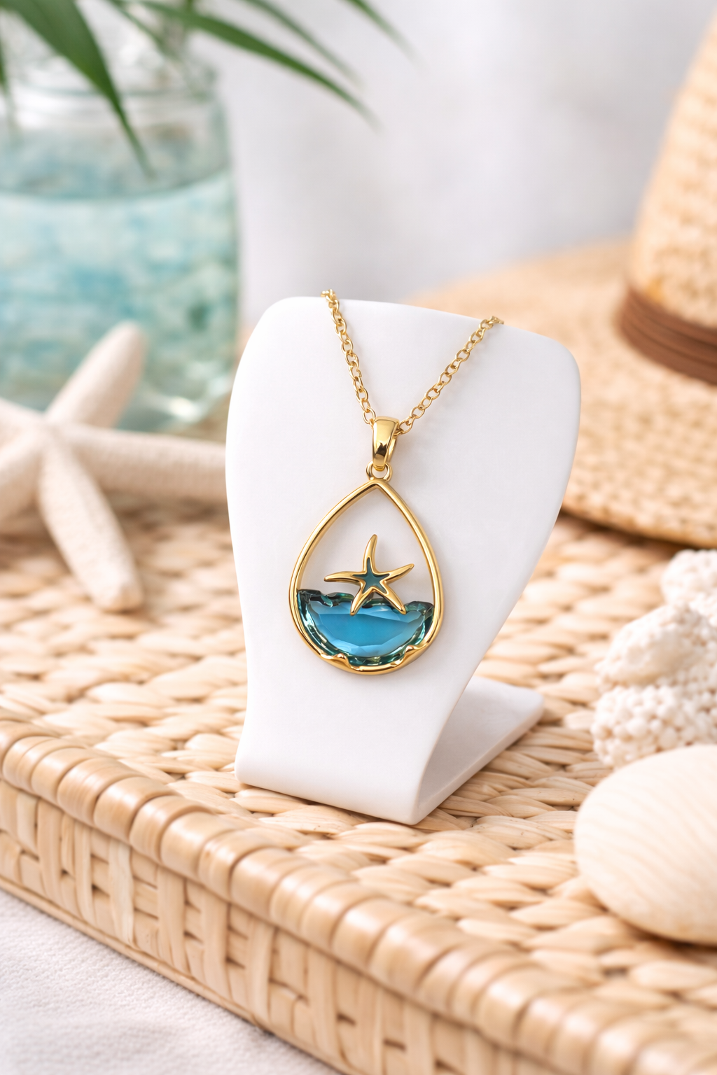 Ocean Wave Starfish Sea Glass Gold Plated Necklace