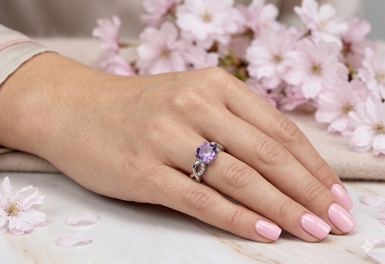 Faceted Natural Amethyst Stainless Steel Rings 7mm stone