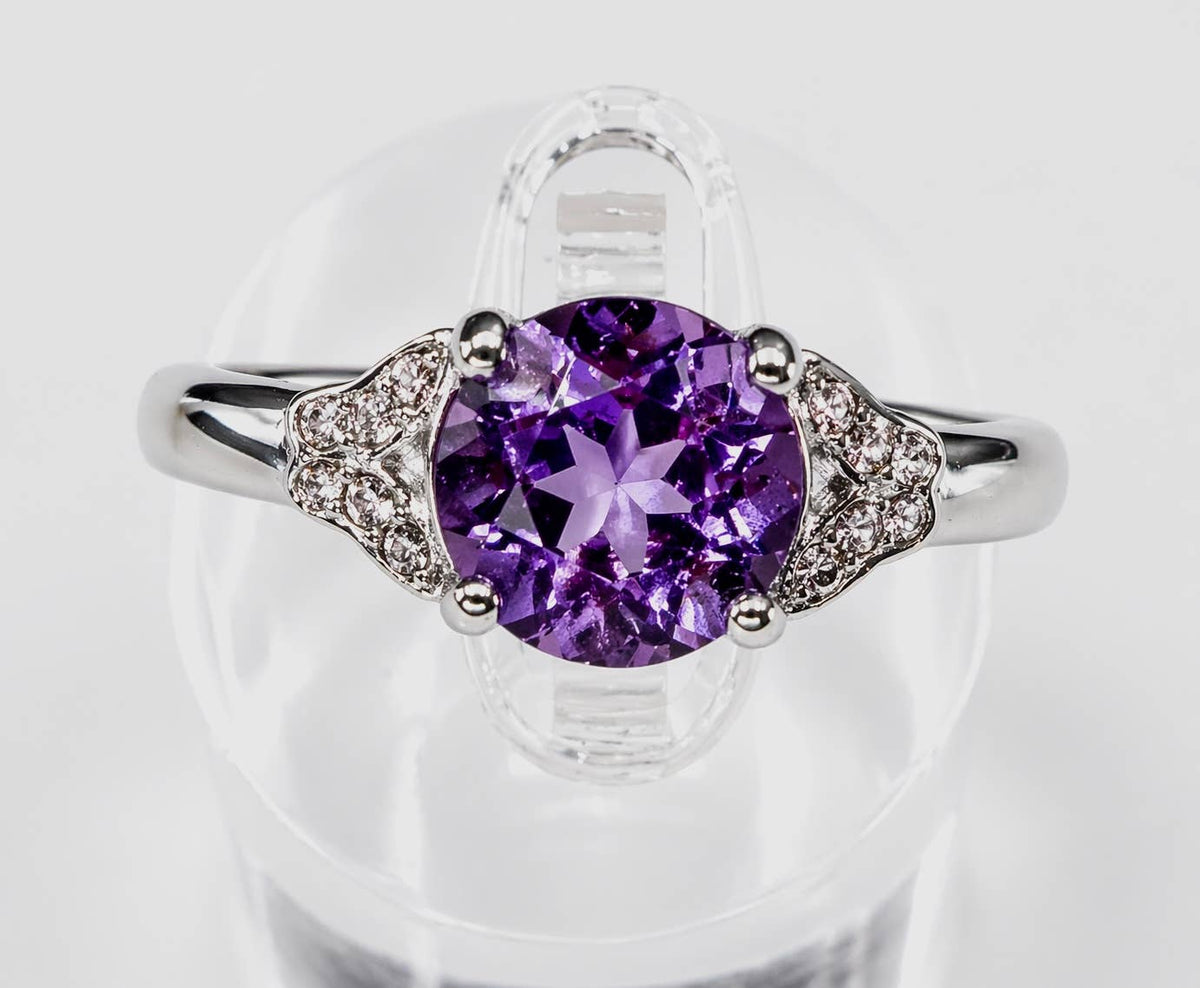 Faceted Natural Amethyst Stainless Steel Rings 7mm stone