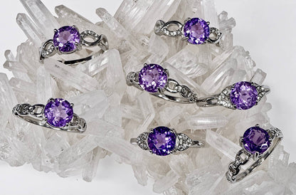 Faceted Natural Amethyst Stainless Steel Rings 7mm stone