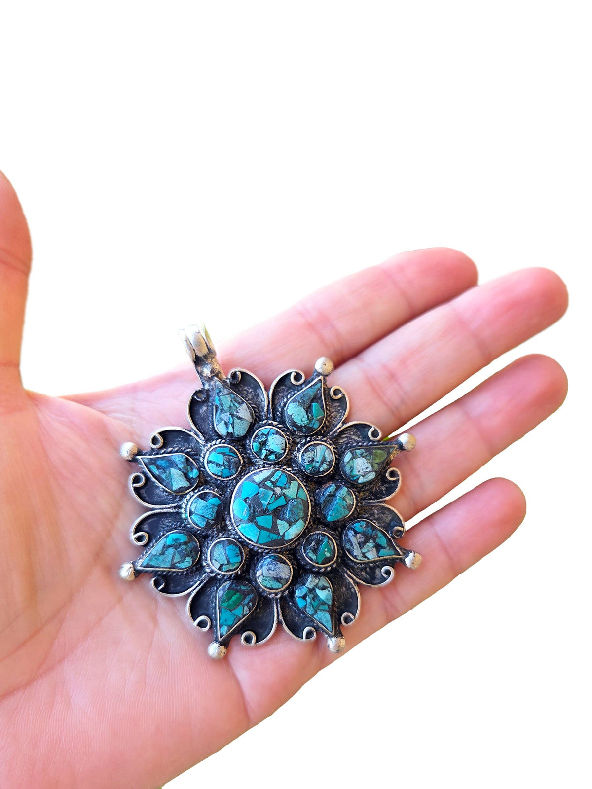 Large Floral Turquoise Mosaic Pendant