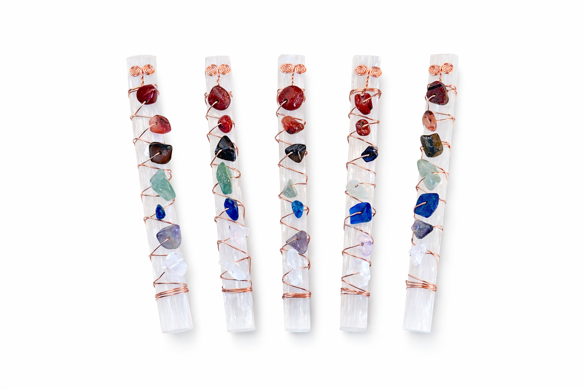Selenite Crystal w/ Seven Stone Chakras & Copper Wire