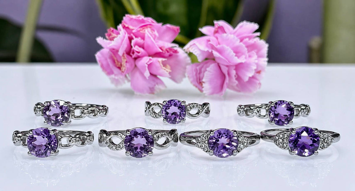 Faceted Natural Amethyst Stainless Steel Rings 7mm stone
