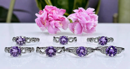 Faceted Natural Amethyst Stainless Steel Rings 7mm stone