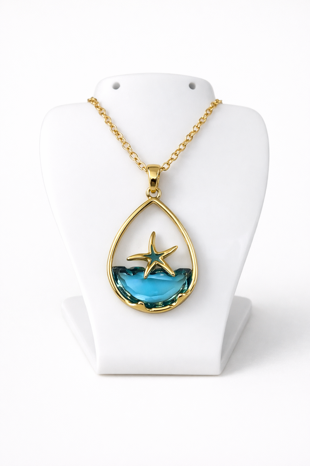 Ocean Wave Starfish Sea Glass Gold Plated Necklace