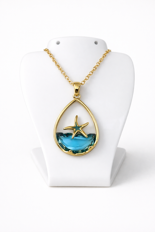 Ocean Wave Starfish Sea Glass Gold Plated Necklace